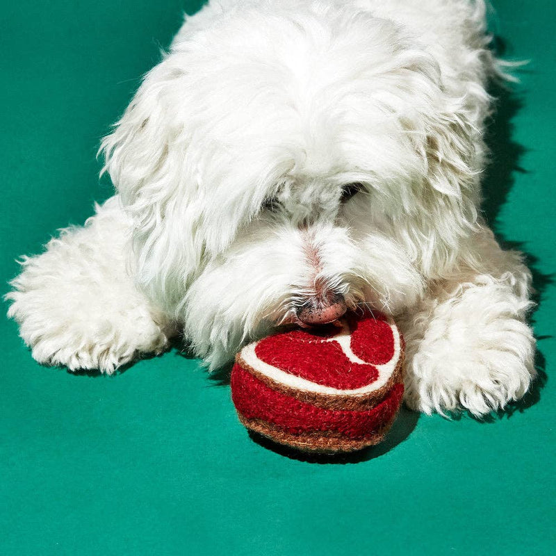 Small fluffy dog sniffs the Ware of the Dog - Boiled Wool Steak Dog Toy, made from fair-trade, hand-felted lambswool, supporting Nepalese craftswomen.