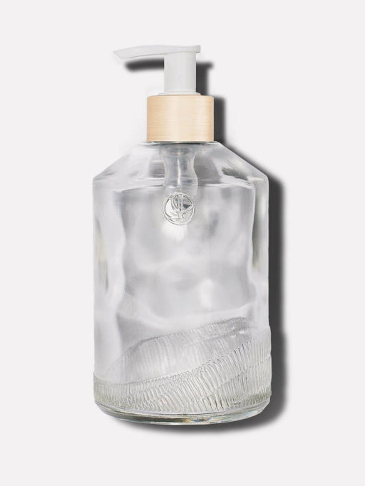 L'AVANT Collective - Empty Glass Bottle Clear, White Pump: A minimalist, durable 16 oz textured glass bottle with a white pump, ideal for elevating kitchen or bathroom counters.
