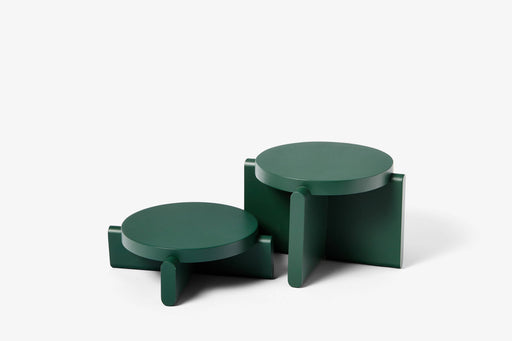 Areaware - Pedestal Set - Green, featuring two beechwood pedestals with seamless lap joinery, ideal for displaying kitchenware or decorative items.