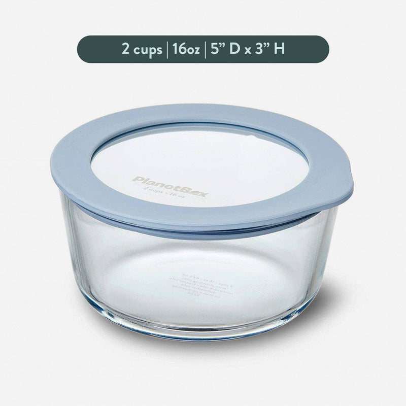 PlanetBox - Glass Food Storage Containers: Medium Round with sky-blue silicone lid, ideal for meal prep and storage; BPA-free, dishwasher, freezer, and microwave safe.