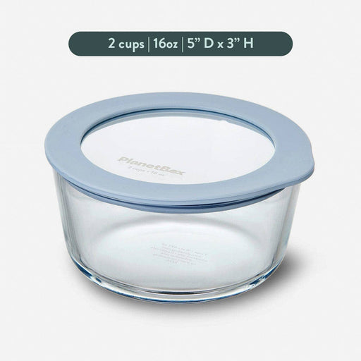 PlanetBox - Glass Food Storage Containers: Medium Round with sky-blue silicone lid, ideal for meal prep and storage; BPA-free, dishwasher, freezer, and microwave safe.