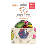 Bee's Wrap - Assorted 3 Pack - Botanical packaging showing reusable, beeswax-coated wraps for food storage, with eco-friendly features like no plastic, reusable, and compostable.