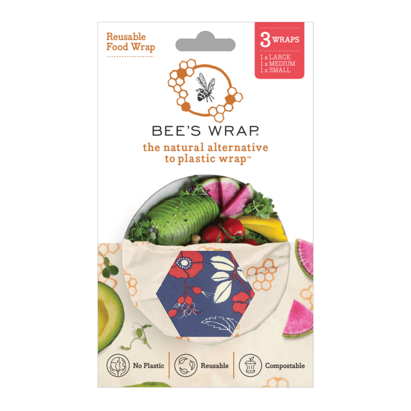 Bee's Wrap - Assorted 3 Pack - Botanical packaging showing reusable, beeswax-coated wraps for food storage, with eco-friendly features like no plastic, reusable, and compostable.