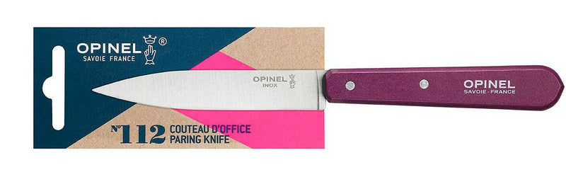 Opinel | Essential Birdsbeak Vegetable Knife in retail packaging with stainless-steel blade and burgundy handle, ideal for precise kitchen tasks like peeling and slicing.
