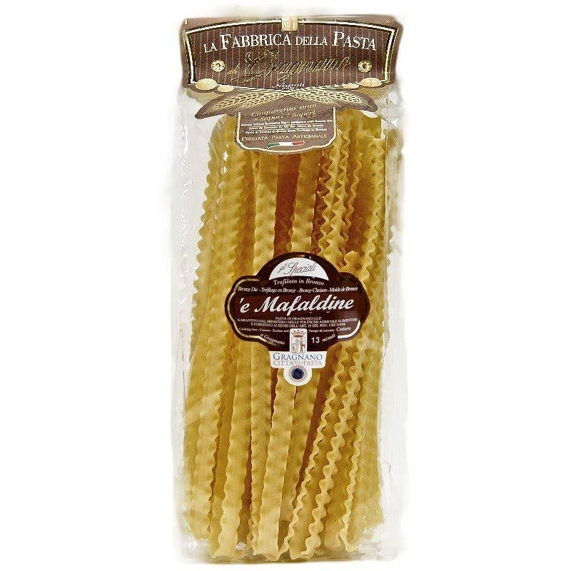 Zia Pia - Mafaldine IGP by La Fabbrica della Pasta: Clear package of ribbon-shaped, wavy-edged pasta, renowned for its Gragnano heritage and sauce-binding texture.