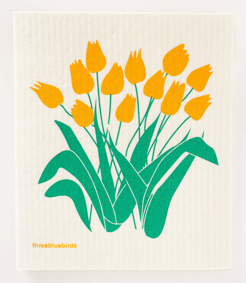 Three Bluebirds Swedish Dishcloths - Yellow Tulips design, featuring yellow flowers with green leaves on absorbent, biodegradable material. Ideal for sustainable kitchen cleaning.