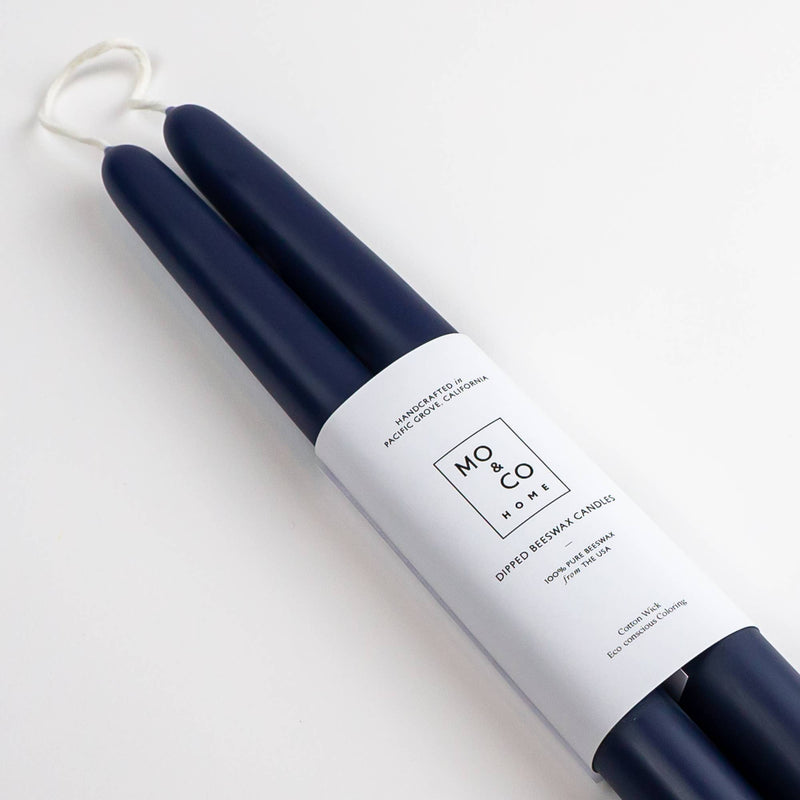 Mo&Co Home - Midnight Blue | Dipped Beeswax Taper Candles | All Natural: 14 Inch. Handcrafted, bound pair with eco-conscious coloring, emphasizing clean burning and supporting bee farmers.