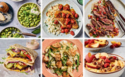 Collage of six protein-rich dishes from Skinnytaste High Protein by Penguin Random House LLC, showcasing diverse, flavorful, and easy-to-prepare meals for various dietary preferences.