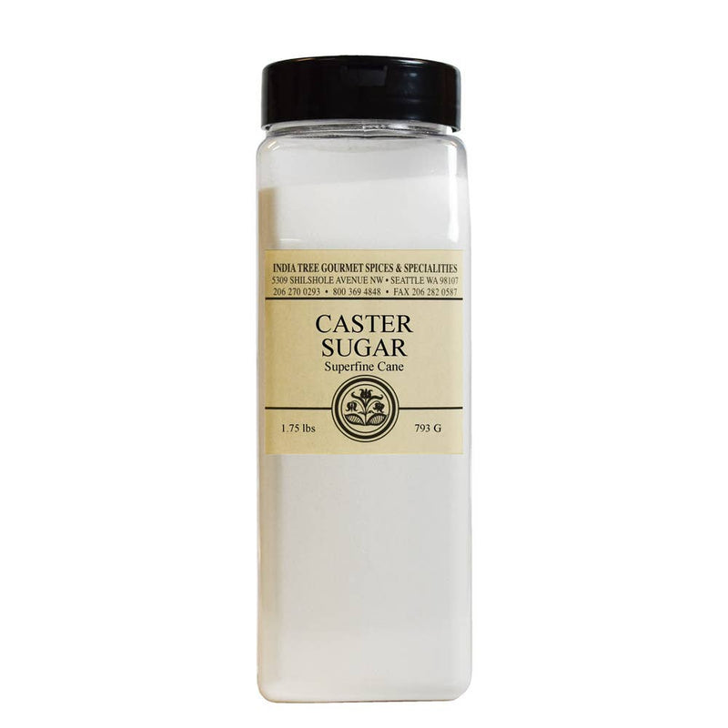 India Tree - Caster Sugar: Chef Pak (1 lb) in a white bottle with a black lid, ideal for baking and quick dissolving in cold drinks.
