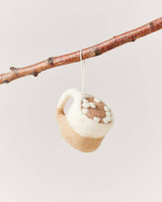 Farmhouse Pottery Felted Silo Mug with Hot Cocoa Ornament, handcrafted from wool, features marshmallow accents. Suspended by a string, perfect for holiday decor.