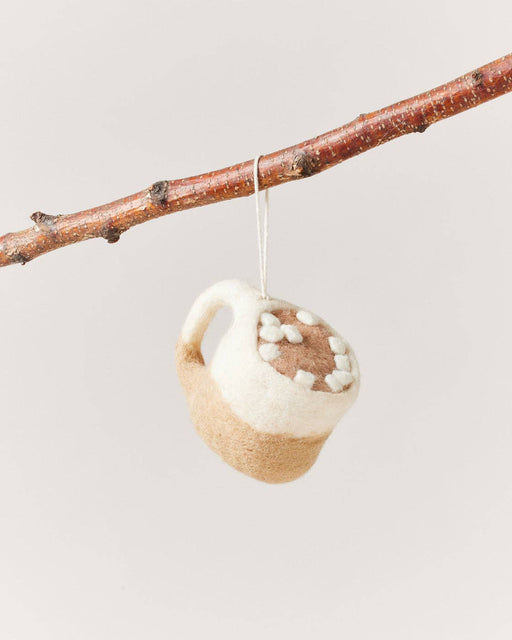 Farmhouse Pottery Felted Silo Mug with Hot Cocoa Ornament, handcrafted from wool, features marshmallow accents. Suspended by a string, perfect for holiday decor.