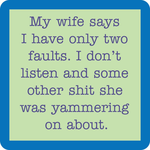 Drinks on Me - COASTER Two Faults: A humorous resin coaster with cork backing, perfect for bar decor or gifting, featuring witty typewriter-style text.