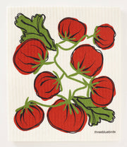 Three Bluebirds Swedish Dishcloths - Tomatoes design, featuring red tomato illustrations on a white fabric, ideal for eco-friendly kitchen cleaning.