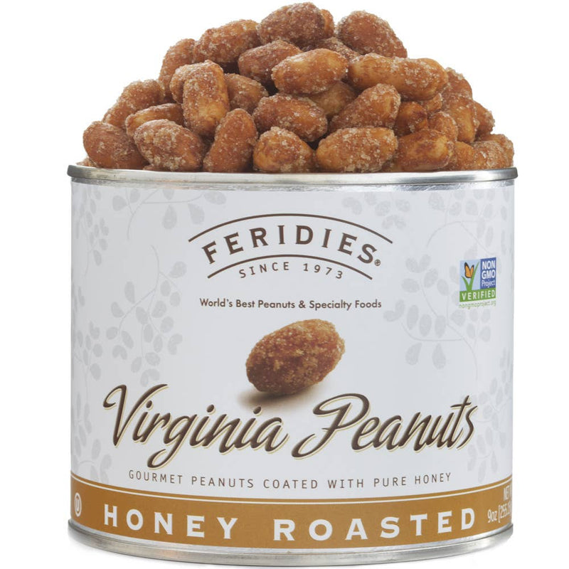 FERIDIES - 9 oz. Honey Roasted Virginia Peanuts tin, featuring sweet and salty gourmet peanuts with pure honey coating, labeled Non-GMO Project Verified and Since 1973.