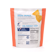 Ancient Crunch | Masa Chips, Traditional Tortilla: Resealable pouch with product story, ingredients, nutrition facts, and illustration of a woman snacking.
