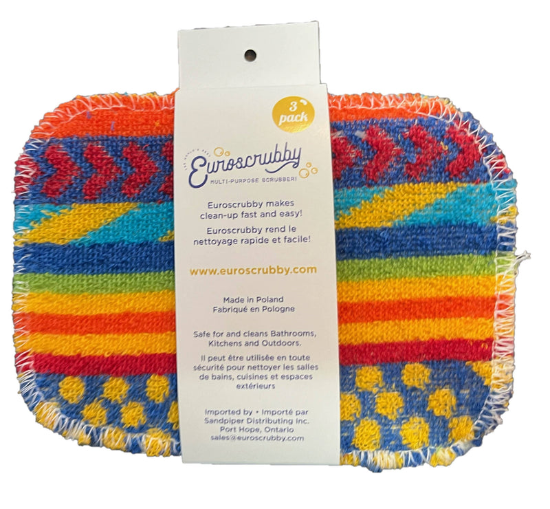 Euroscrubby - Original Euroscrubby 3 Pack featuring bright, multicolored scrubbers for versatile cleaning in kitchens, bathrooms, and outdoors. Comes hangable for easy storage.