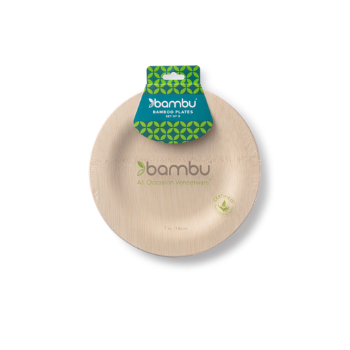 Bambu® - Disposable Bamboo Round Plates: 7 inches, set of eight, made from FSC-certified bamboo, compostable and eco-friendly, ideal for sustainable dining at Athens Cooks.