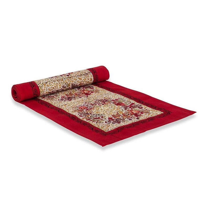 Couleur Nature - Winter Garden Red/Green Runner, 16 x 72, features bold red borders and intricate floral motifs, handprinted for seasonal elegance, ideal for holiday table settings.