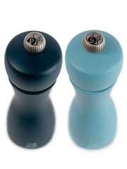 Peugeot | Tahiti Duo Salt + Pepper Mills, Air, featuring a classic hourglass shape in matching dark and light blue for stylish kitchen aesthetics.