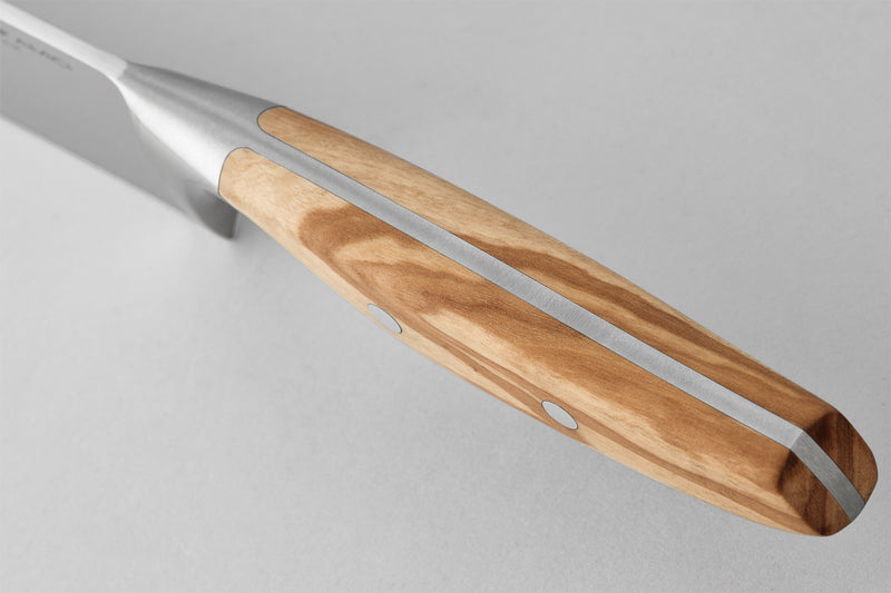 Wüsthof | Amici 9 Double Serrated Bread Knife featuring a metal and wood handle, close-up of the serrated blade, ideal for precise bread slicing.