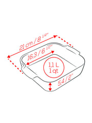 Peugeot Appolia Square Baking Dish, 8 inches, showcases dimensions with handles: 21 cm wide, 5.4 cm deep, 1.1 L capacity. Ideal for even cooking.