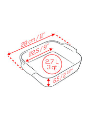 Line-drawing of Peugeot | Appolia Square Baking Dish 11 inches, showcasing dimensions: 28 cm width, 22.5 cm internal area, 6.5 cm depth, 2.7 L capacity.