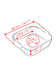 Peugeot | Appolia Square Baking Dish 14 inches, Ecru, showing dimensions: 36 cm length with handles, 29.5 cm inner length, 7.5 cm height, 5.4 L capacity.