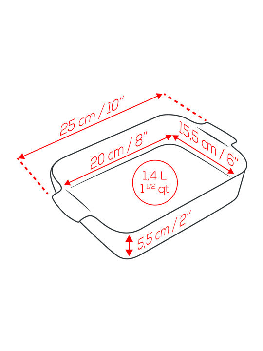 Peugeot | Appolia Rectangular Baking Dish, Ecru: Line-drawing showcasing dimensions and 1.4L capacity, ideal for gratins, with durable ceramic ensuring even cooking and easy cleaning.