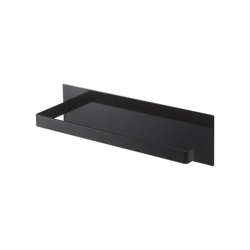 Yamazaki Home | Magnetic Steel Paper Towel Holder, White: Wall-mounted, minimalist black metal shelf with raised front lip and solid back plate, ideal for kitchen organization.