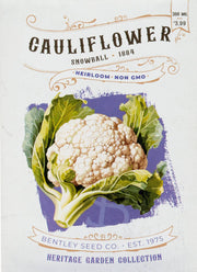 Bentley Seed Co. - Cauliflower-Snowball 1884 vintage-style seed packet label with heirloom details, watercolor illustration, and growing instructions, priced at $3.99.