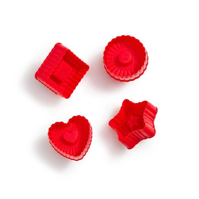 King Arthur Thumbprint Cookie Cutters 4-Piece Set includes star, heart, square, and round molds with fluted edges for embossed and indented cookies.