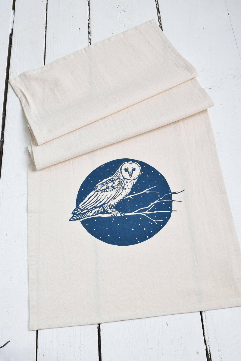 Hearth and Harrow - Organic Cotton Barn Owl Tea Towel - Navy - Bird Kitchen.