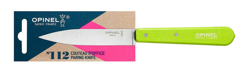 Opinel | Essential Birdsbeak Vegetable Knife in packaging with green handle and stainless blade, ideal for precise slicing and peeling tasks in any kitchen.