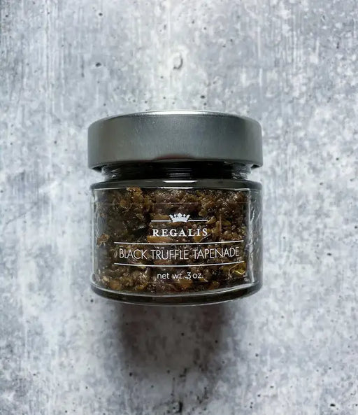 Regalis Foods - Black Truffle Tapenade, 3oz glass jar. Olive-based spread with Italian black truffles and mushrooms, perfect for bread or pasta.