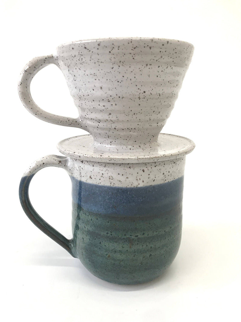 RachaelPots - Coffee Pour Over Cone W/Handle: Light Blue, hand-thrown ceramic dripper on a matching mug, speckled off-white cone, blue/green glazed mug, crafted in Brooklyn.
