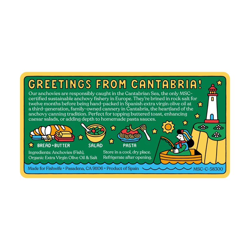 Fishwife - Cantabrian Anchovies in Extra Virgin Olive Oil label with retro design, sustainable sourcing details, usage suggestions, and whimsical fishing illustrations. Ideal for kitchen enthusiasts.