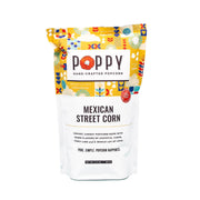 Poppy Hand-Crafted Popcorn - Mexican Street Corn Popcorn in a designed bag, featuring a logo and red sticker, promises a vibrant flavor experience.