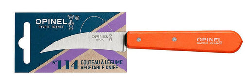 Opinel | Essential Birdsbeak Vegetable Knife - Tangerine on retail card, featuring a curved stainless blade and orange handle, ideal for precise fruit and vegetable preparation.