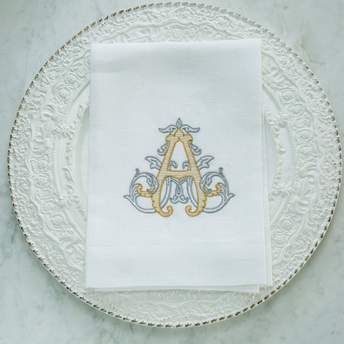 Crown Linen Designs | Vintage Vine Monogram Tri-Fold Napkin.