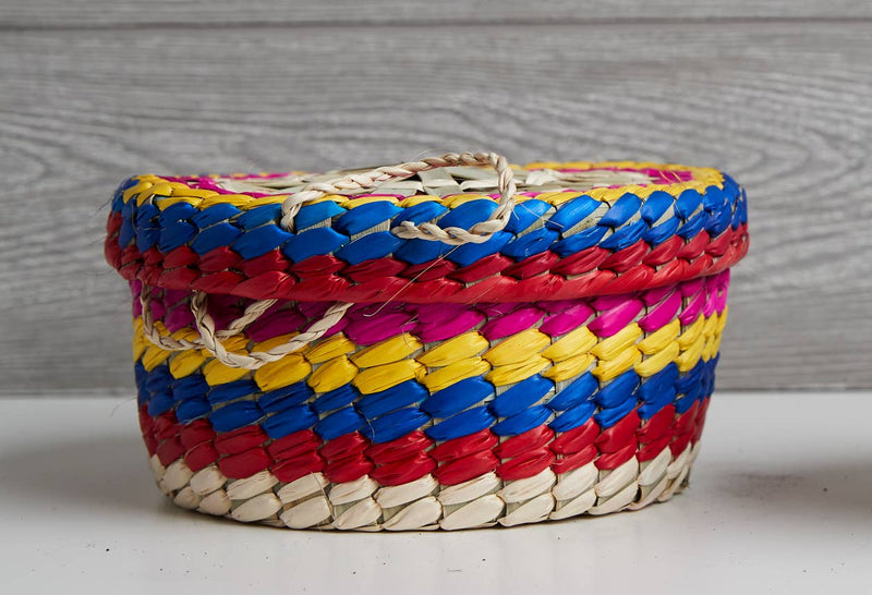Verve Culture - Mexican Woven Palm Tortilla Basket: Blue and White, hand-woven with vibrant red, blue, yellow, and pink bands, perfect for keeping tortillas warm.