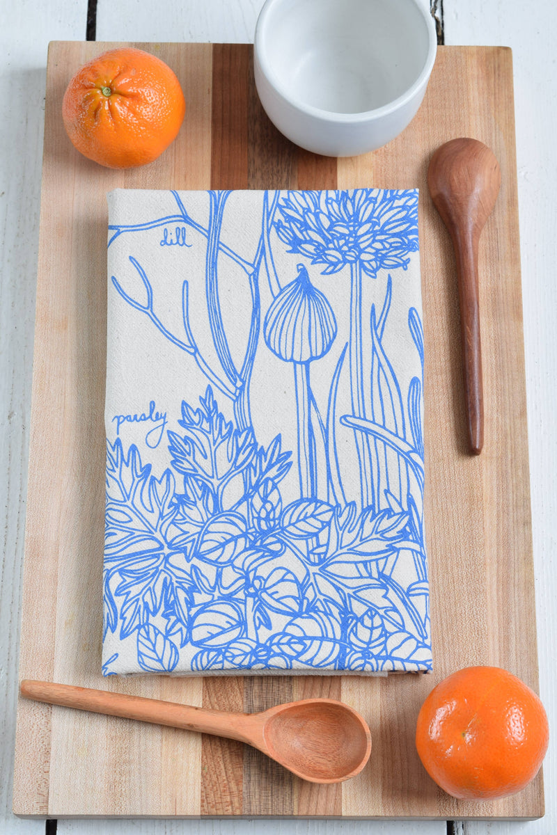 Hearth and Harrow | Kitchen Herbs Tea Towel in Blue-violet - Plant Print Cloth