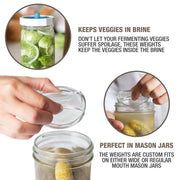 Masontops | Glass Fermentation Weights - Wide Mouth shown in a jar, ideal for submerging fermenting foods below brine. Perfect for small-batch fermentation in Mason jars.