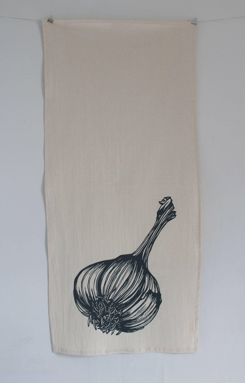 Hearth and Harrow | Organic Cotton Garlic Tea Towel features a screen-printed garlic design on a large, eco-friendly cotton towel, perfect for stylish kitchen use.