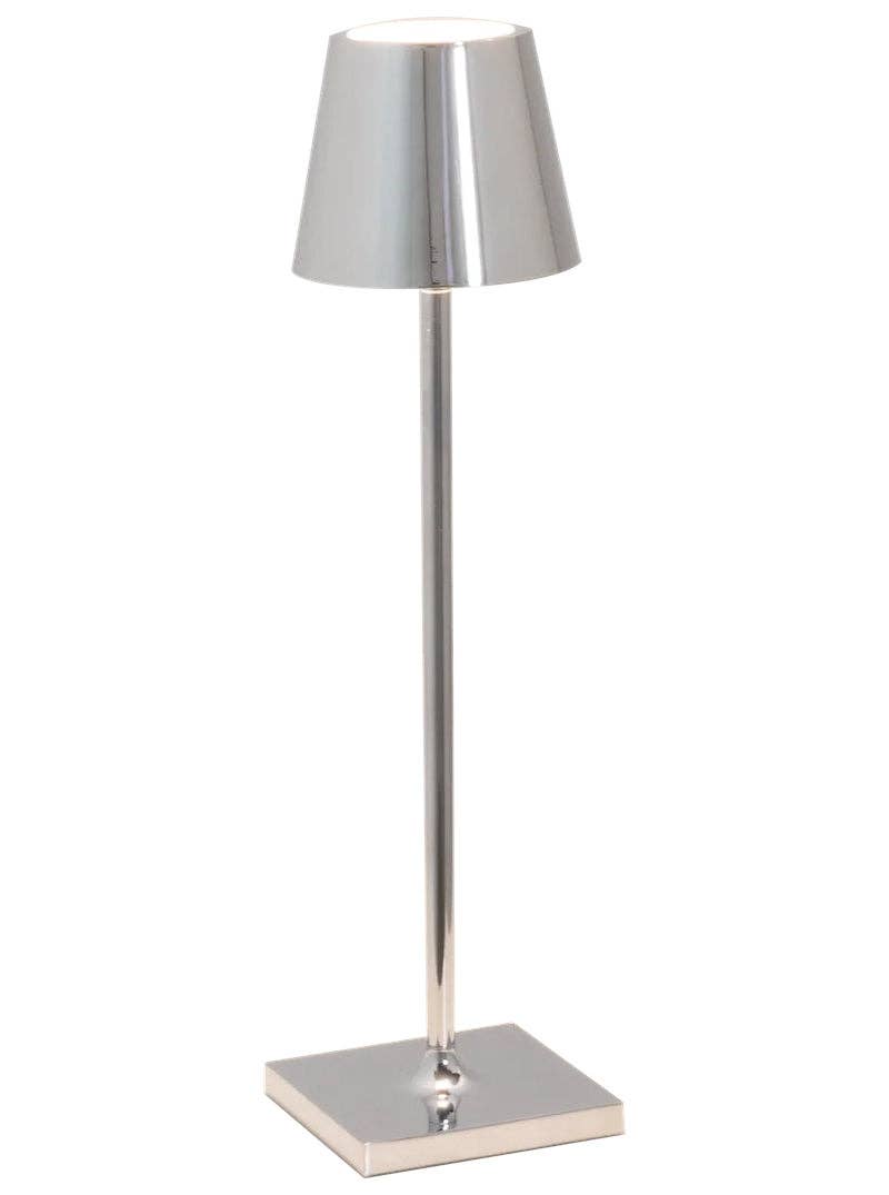 Zafferano America - Poldina Pro Micro Cordless Lamp: White, featuring a sleek silver design with a white shade, ideal for versatile indoor and outdoor lighting.