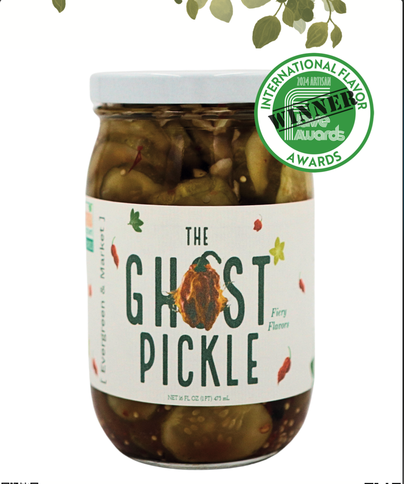 The Ghost Pickle by Evergreen and Market: A 16 oz jar of award-winning pickled cucumbers with ghost pepper flavor, perfect for culinary adventures.