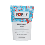 Poppy Hand-Crafted Popcorn - Peppermint Bark Popcorn pouch, featuring holiday motifs, offers peppermint popcorn with chocolate drizzle and crushed peppermint, ideal for festive snacking.