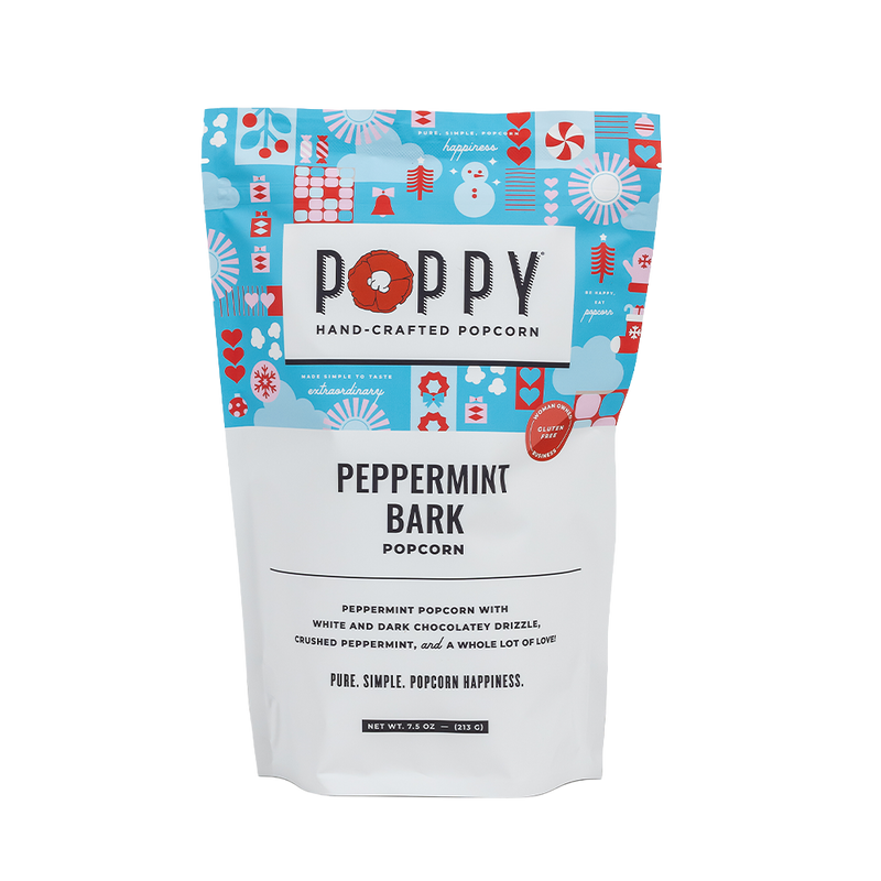 Poppy Hand-Crafted Popcorn - Peppermint Bark Popcorn pouch, featuring holiday motifs, offers peppermint popcorn with chocolate drizzle and crushed peppermint, ideal for festive snacking.