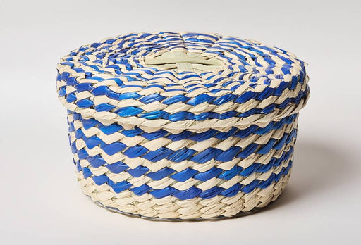 Verve Culture - Mexican Woven Palm Tortilla Basket: Blue and White, featuring zigzag patterns of natural and blue fibers, ideal for keeping tortillas warm.