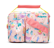PlanetBox Rover-Launch Carry Bag with unicorn and rainbow motifs, features insulated compartments, adjustable strap, and multiple pockets for snacks and utensils.