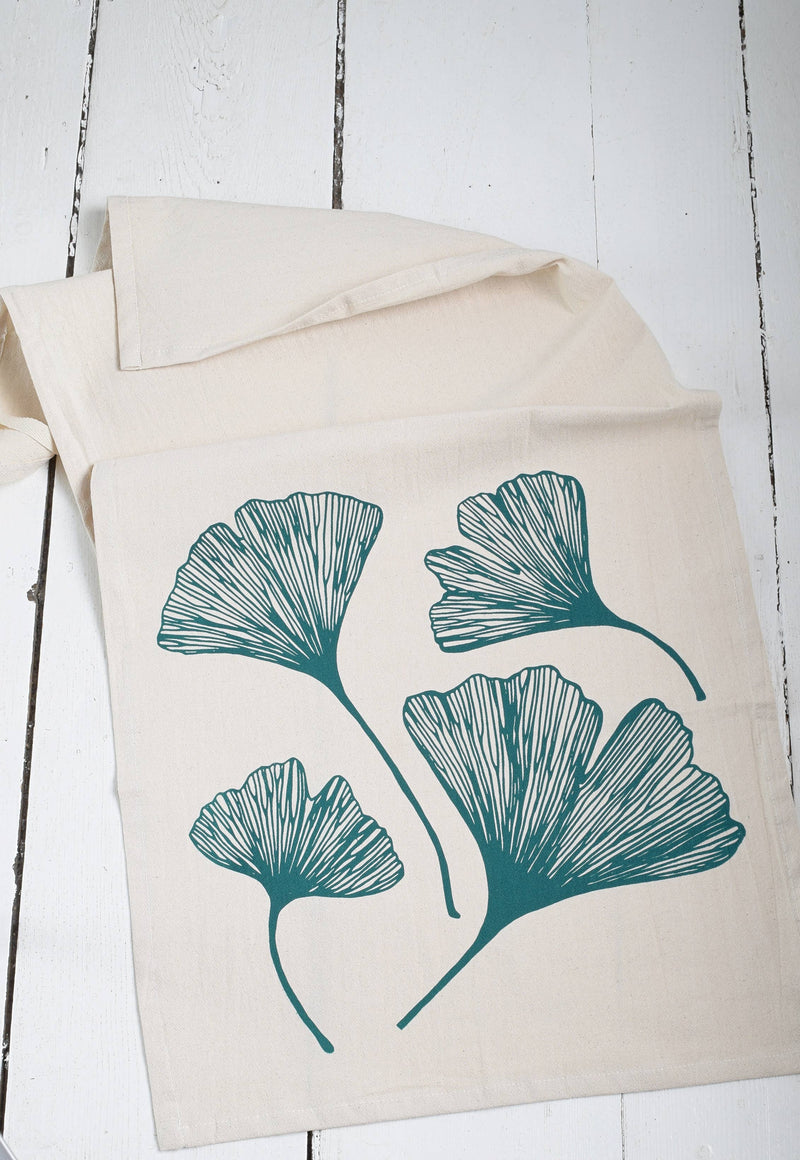 Hearth and Harrow - Ginkgo Leaf Tea Towel in Green - Organic Cotton, showcasing a hand-printed ginkgo design on a white, eco-friendly, organic cotton kitchen towel.